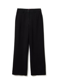 Zwarte wijde broek van soepel materiaal. Voorzien van een knoopsluiting, riemlussen en zijzakken. Strakke afwerking met een verfijnde uitstraling.