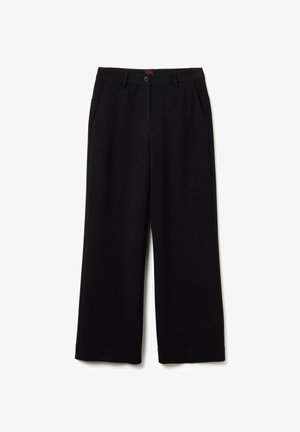 Black wide-leg trousers made from smooth fabric. Features a button closure, belt loops, and side pockets. Tailored finish with a refined look.