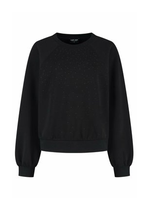 Zwarte sweatshirt met raglanmouwen, voorzien van een textuur op de voorkant waar kleine glinsterende accenten in zijn verwerkt en een ribgebreide zoom en manchetten.