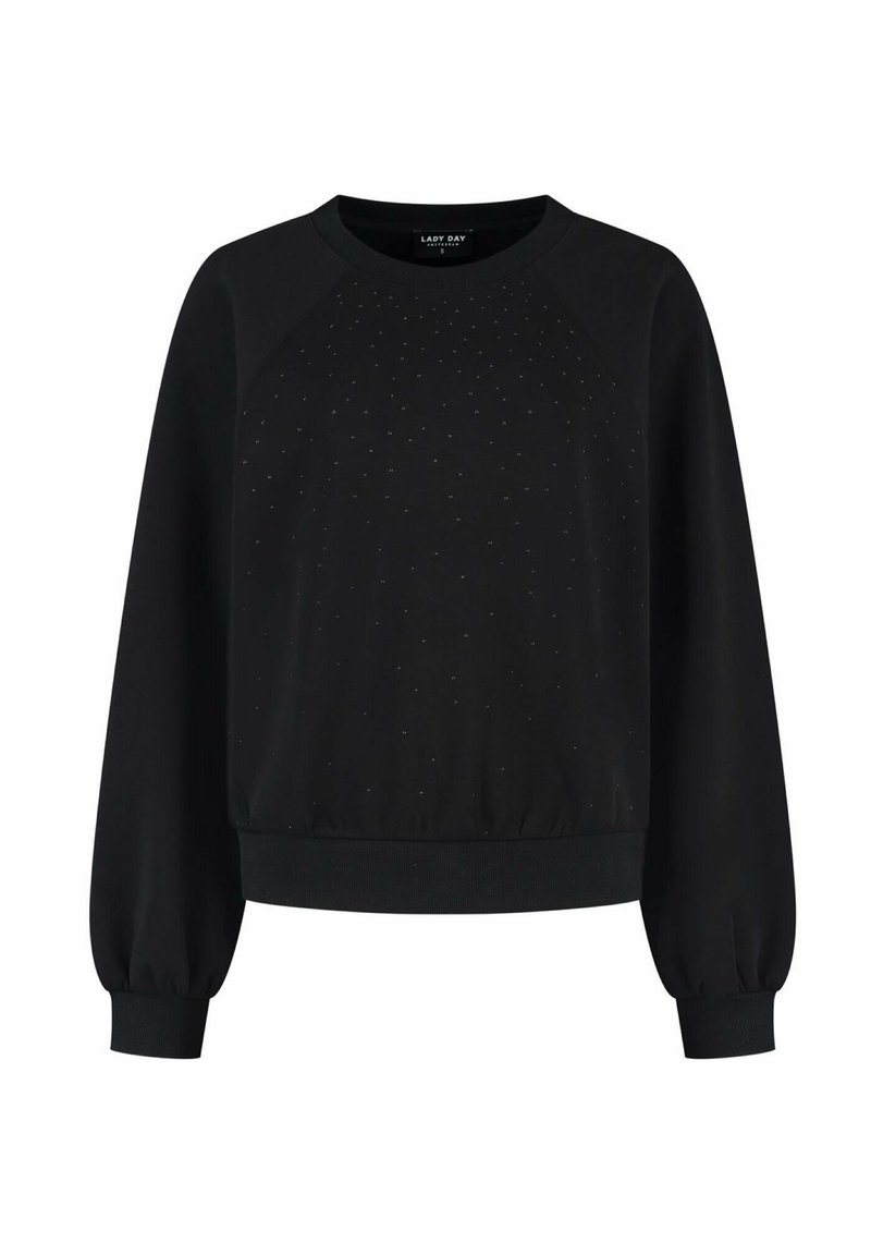 Zwarte sweatshirt met raglanmouwen, voorzien van een textuur op de voorkant waar kleine glinsterende accenten in zijn verwerkt en een ribgebreide zoom en manchetten.