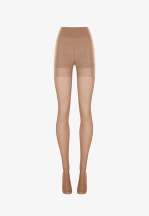 Collant trasparenti color abbronzatura con stile a vita alta e slip integrato. Texture liscia, design senza cuciture e una sottile lucentezza. Ideali per un look snello.