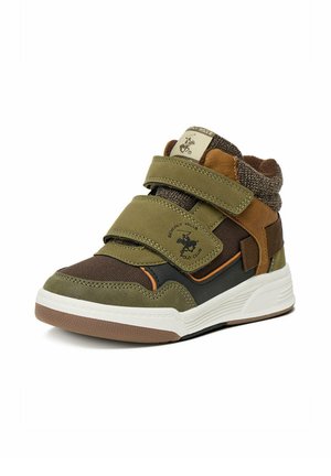 Grøn og brun højt sneakers med dobbelte velcroremme, hvid sål og Beverly Hills Polo Club-logo på sidestrippen.