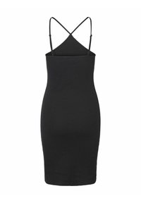 Robe noire cintrée en tissu doux, avec un design à col halter et de fines bretelles croisées dans le dos. Texture lisse, sans motifs.