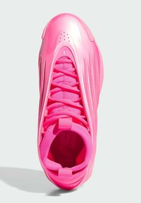 Bright pink athletic sneaker with knit fabric tongue, laces, and synthetic shell upper, viewed from above on a light background.