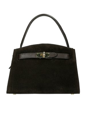 Schwarze Wildlederhandtasche mit einem einzelnen Griff, ausgestattet mit einem strukturierten Lederband und einem goldfarbenen Drehverschluss auf der Vorderseite.