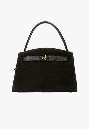 Zwarte suède handtas met één handvat, voorzien van een gestructureerde leren band en een goudkleurige draaivergrendeling aan de voorkant.