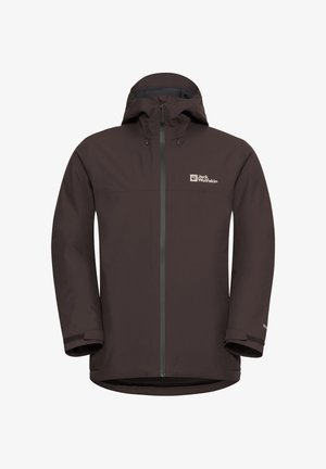 Dunkelbraune wasserdichte Jacke mit einem Frontreißverschluss, verstellbarem Kapuzenkragen und Logo auf der Brust. Verfügt über elastische Bündchen und einen geraden Saum.