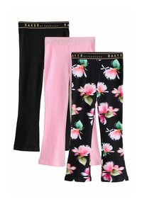 Kolmet legginssit: mustat, vaaleanpunaiset ja mustalla pohjalla oleva kukkakuosi. Kaikissa on brändätty joustava vyötärönauha.