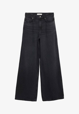 Black wide-leg jeans made from denim, featuring a high waist, front pockets, and classic stitching detailing along the seams.