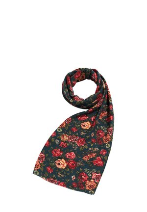 Écharpe florale en tissu vert foncé, ornée de motifs de roses rouges et jaunes. Légère et tombant doucement, elle convient à diverses options de style.