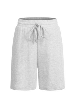 Pantaloni corti in cotone grigio chiaro con coulisse e vita elasticizzata, vista frontale, stile casual.