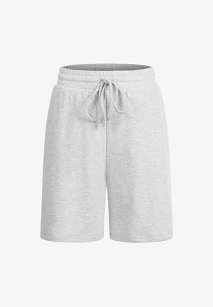 Jasnoszare bawełniane szorty z troczkiem i elastycznym pasem, widok z przodu, styl casual.