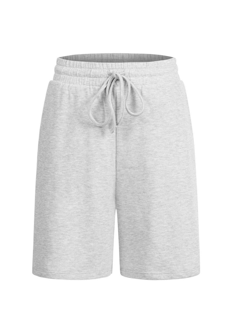 Jasnoszare bawełniane szorty z troczkiem i elastycznym pasem, widok z przodu, styl casual.