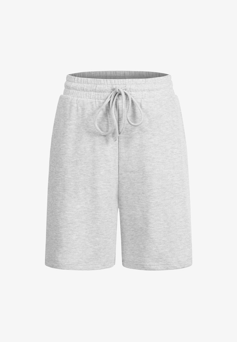 Jasnoszare bawełniane szorty z troczkiem i elastycznym pasem, widok z przodu, styl casual.