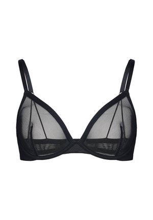 Czarny przezroczysty stanik z siateczki z fiszbinami, regulowanymi ramiączkami i lekko wyściełanymi miseczkami.