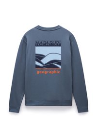 Blue sweatshirt with a round neckline, featuring a graphic design of waves and the text "NAPAPIJRI geographic" below it. Soft texture.