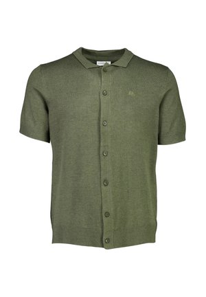 Olijfgroene kortemouwen cardigan van zachte stof, met een kraag, vijf knopen aan de voorkant en geribbelde manchetten en zoom.