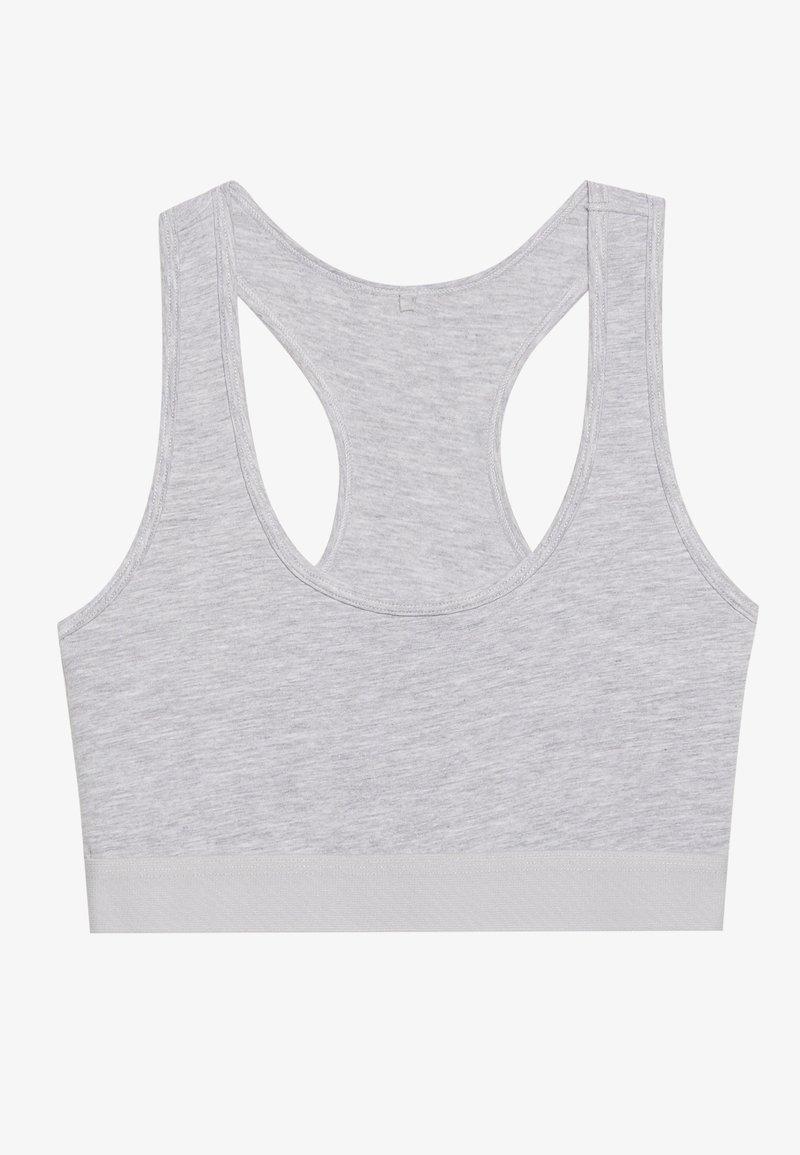 Soutien-gorge de sport gris avec un col scoop, design dos nageur, fabriqué à partir d'un tissu doux et extensible. Présente une finition sans couture et uneLarge bande inférieure.