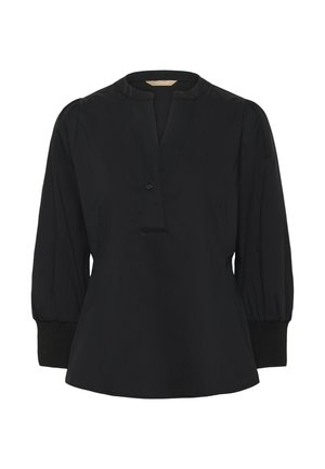 Blusa nera con una vestibilità rilassata, caratterizzata da una scollatura a V, un elegante passante e maniche lunghe a sbuffo con polsini aderenti. Tessuto dalla texture liscia.