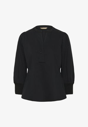 Svart blus med avslappnad passform, med V-ringning, diskret knappslå och långa puffärmar med åtsittande manschetter. Slät tygtextur.