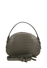 Borsa a tracolla grigia in ecopelle con texture stampata a coccodrillo, forma rotonda, manico superiore e tracolla regolabile. Chiusura con zip nella parte superiore.