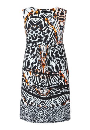 Ärmelloses knielanges Kleid mit auffälligen schwarzen, weißen und orangen Tier- und geometrischen Mustern und V-Ausschnitt.