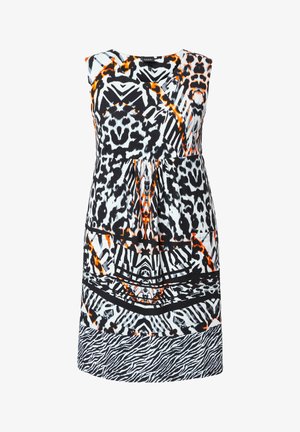Ärmelloses knielanges Kleid mit auffälligen schwarzen, weißen und orangen Tier- und geometrischen Mustern und V-Ausschnitt.