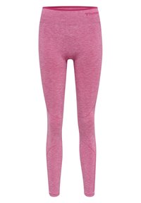 Růžové legíny z texturovaného, elastického materiálu s kontrastními švy a širokým pasem, s malým logem na horní přední straně.