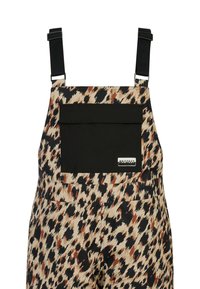 Le tute con stampa leopardata presentano una combinazione di colori beige, nero e ruggine, spalline regolabili e una tasca nera solida con etichetta del marchio.