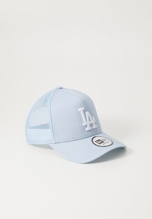 Light blue cap with a solid front, mesh back, and white embroidered "LA" logo. Features a curved brim and a black size tag on the underside.