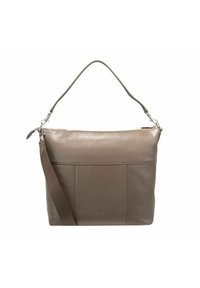 Leren schoudertas in taupe, met een plat ontwerp, verstelbare schouderband, ritssluiting en voorvak met gestikte panelen. Zilveren hardware-accenten.
