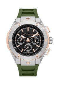 Orologio Cerruti 1881 con quadrante nero, dettagli in oro rosa, cassa in acciaio inossidabile e cinturino in silicone verde. Presenta sottoquadranti per le funzioni del cronografo.