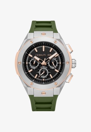 Orologio Cerruti 1881 con quadrante nero, dettagli in oro rosa, cassa in acciaio inossidabile e cinturino in silicone verde. Presenta sottoquadranti per le funzioni del cronografo.