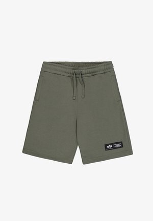 Puha pamutból készült khaki zöld rövidnadrág, melyen húzózsinóros derék, oldalzsebek és a bal alsó lábszáron fekete márkajelzés található.