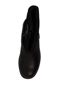 Bota de cuero negro hasta el tobillo con un forro interior suave, cierre de cremallera en el lado y punta redondeada. Textura elegante y suave.