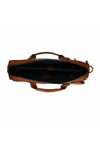 Braune Ledertasche mit doppelten Griffen, Reißverschluss und einem dunkelblauen Innenraum. Enthält organisierte Fächer zur Aufbewahrung.