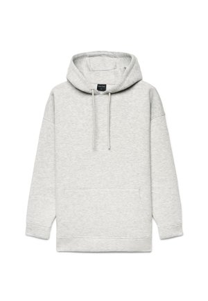 Sweat à capuche gris clair avec poche avant, manches longues et cordon à la capuche, présenté sur fond blanc.