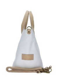 Sac à main en cuir blanc avec une finition texturée, présentant des accents beige, un patch logo doré et une bandoulière détachable avec une fermeture zippée.