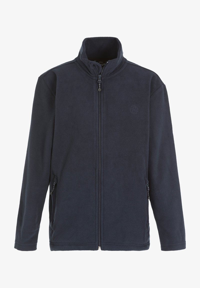 Dunkelblaue Fleecejacke mit hohem Kragen, vorderem Reißverschluss, Seitentaschen und einem dezenten Logodetail auf der Brust. Weicher Textil.