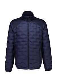 Giacca imbottita navy con texture trapuntata, colletto alto e pannelli a contrasto sulle spalle. Presenta tasche laterali con zip e polsini elasticizzati.