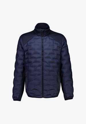 Veste matelassée marine avec texture matelassée, col haut et panneaux d'épaule contrastants. Comprend des poches latérales zippées et des poignets élastiques.