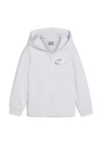 Felpa grigia chiara con zip, tasca frontale, cappuccio con lacci e design del logo stampato con punti blu e verdi. Tessuto morbido.