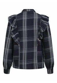 Navy plaid blouse with ruffled shoulders, featuring white and light blue grid patterns. Long sleeves and a collared neckline complete the design.