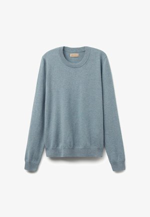 Lys blå strikket sweater med rund halsudskæring, lange ærmer og ribstrik ved håndleddene og kanten. Blød tekstur, afslappet pasform, ingen synlige mønstre.