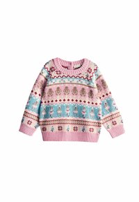 Sweter dzianinowy w kolorach różowym i niebieskim, z okrągłym dekoltem, ściągaczami przy rękawach oraz sezonowymi wzorami, w tym tancerzami i płatkami śniegu.