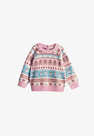 Kötött pulóver, amely rózsaszín és kék színekben pompázik, kerek nyakkal, bordázott mandzsettákkal és szezonális mintákkal, beleértve a táncosokat és hópelyheket.