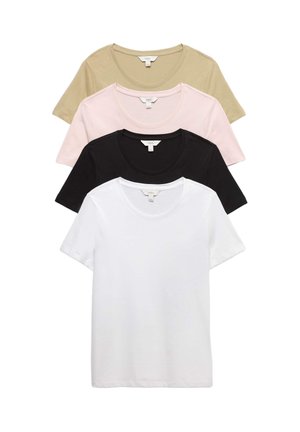 Vier eenvoudige korte mouw T-shirts met ronde hals, gestapeld in beige, lichtroze, zwart en wit.