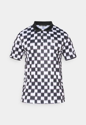 Short-sleeve polo shirt featuring a black and white zigzag pattern, with a black collar and branded logo on the chest. Soft fabric texture.