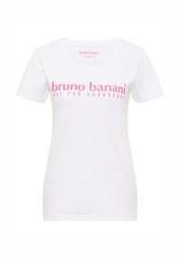 Hvid bomulds T-shirt med korte ærmer og rund hals. "bruno banani" i pink bogstaver med "NOT FOR EVERYBODY" trykt nedenfor. Str. 36 tætsiddende.