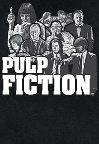 Collage di personaggi di Pulp Fiction, tra cui due uomini che puntano pistole, una donna che tiene un hamburger, e altri in pose intense o informali.